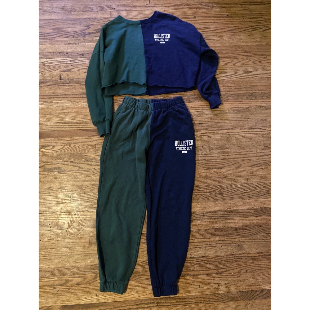 Hollister Athletic Dept Colorblock Crop Sweatshirt and Joggers Set Navy Green S